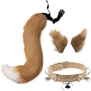 Set of 3 Cosplay Costume Camel Color Cat Ears Leather Bell Collar, Faux Fur Tail